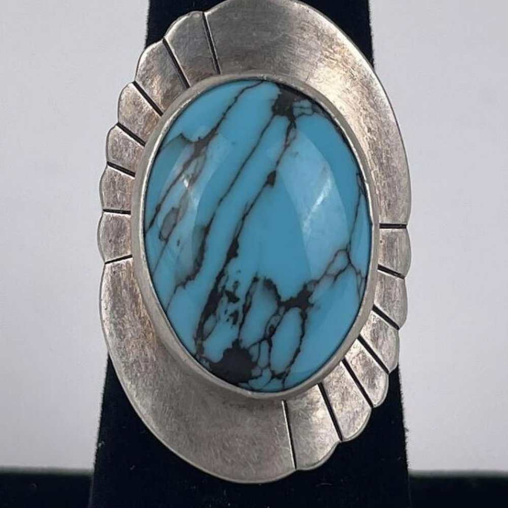 Sterling Silver & Turquoise Signed Ring - Size 6